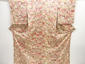 家屋風景に人物模様小紋着物